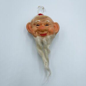 Vintage 1950s Santa Claus Head Ornament Rubber Face W/ Red Hat